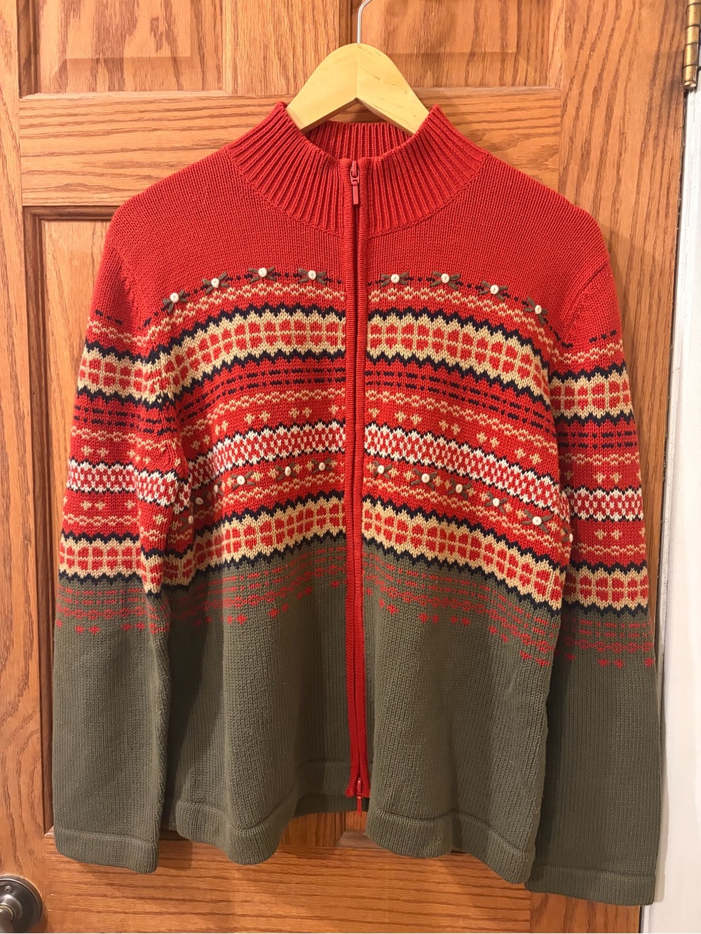 Womens Size Med Red and Olive Green Zip-Up Fair Isle Sweater with Ditsy Flowers